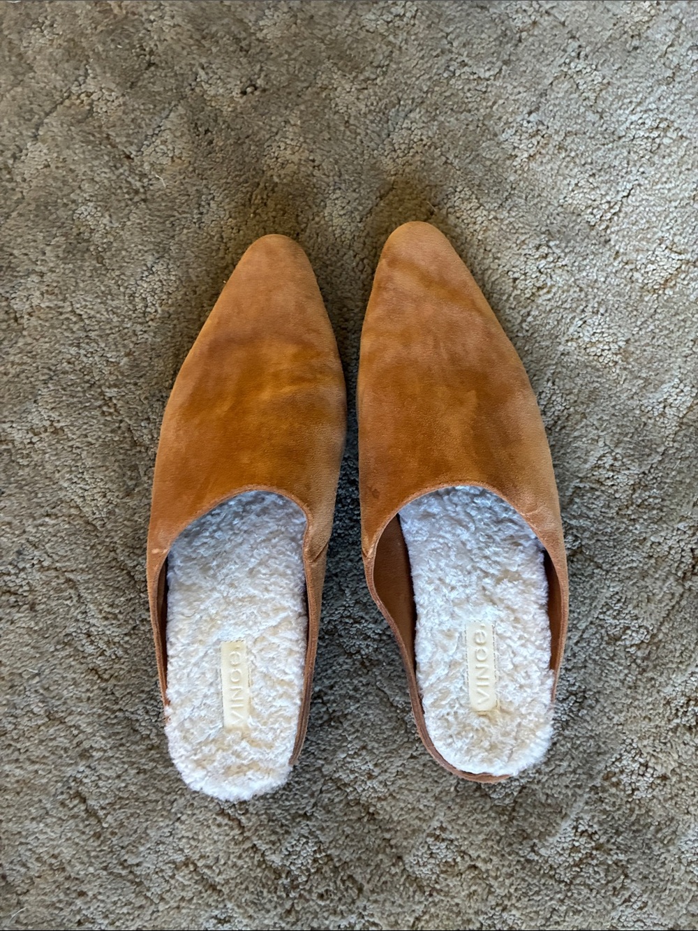 Vince Cognac Suede Shearling-Lined Pointed Mules